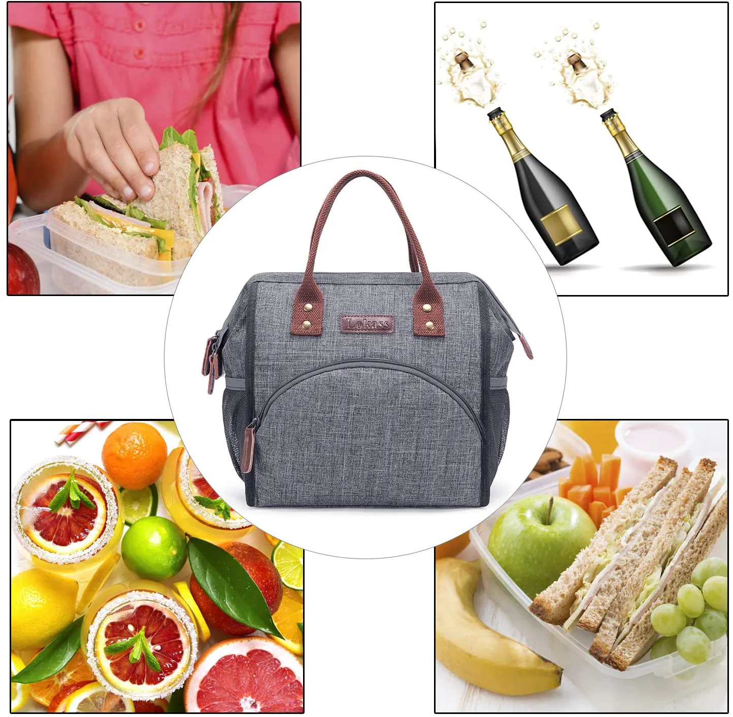 Rynx | LOKASS Insulated Lunch Bag Wide-Open Lunch Tote Bag Large Drink Holder Durable Nylon Snacks Organizer with Removable Shoulder Strap for Women Men Adults Work Outdoor, Gray