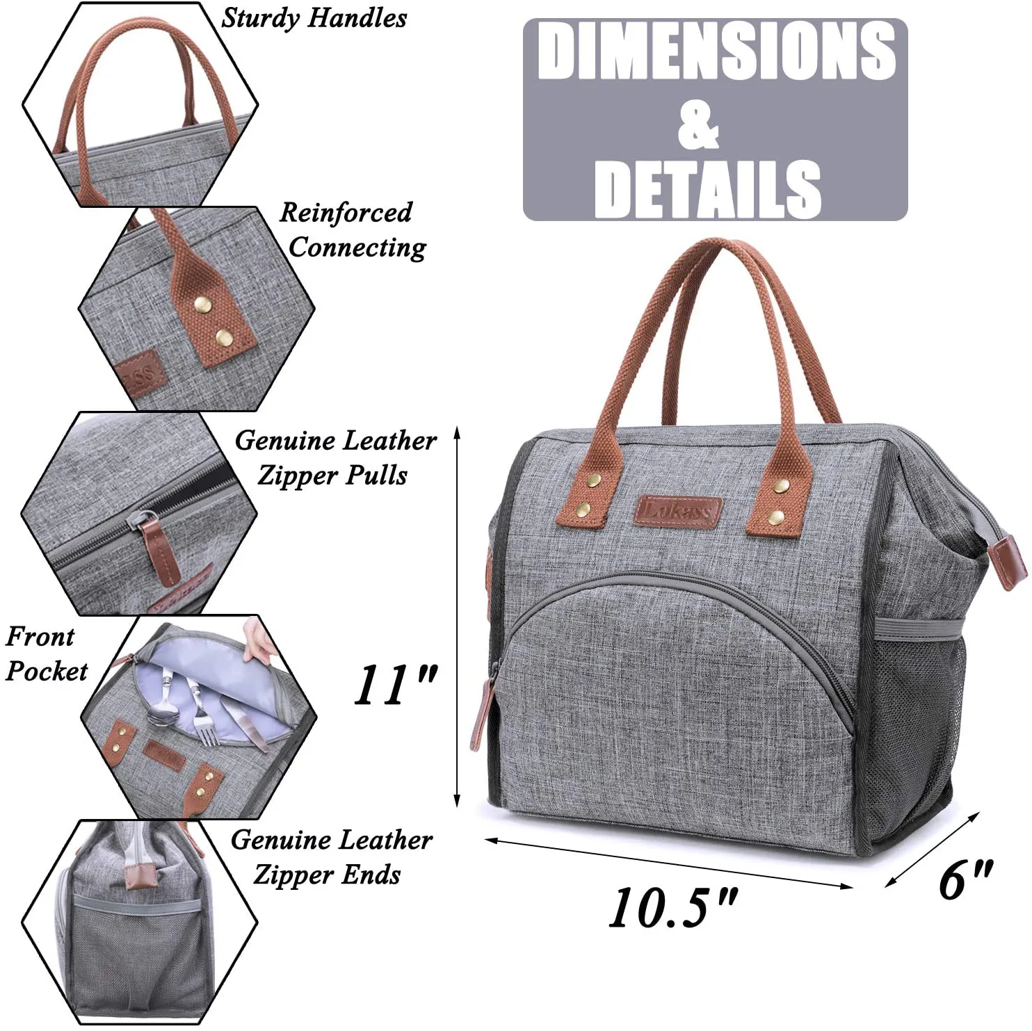 Rynx | LOKASS Leakproof Lunch Box for Women Insulated Lunch Cooler Bag Thermal Lunch Tote with Removable Shoulder Strap for Men Girls Adults Large Picnic Bag for Office Work College Outdoor, Gray