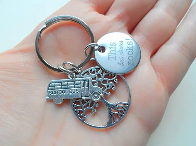 School Bus Driver Appreciation Keychain, Tree, Bus Charm & "This Bus Driver Rocks" Disc Charm Keychain