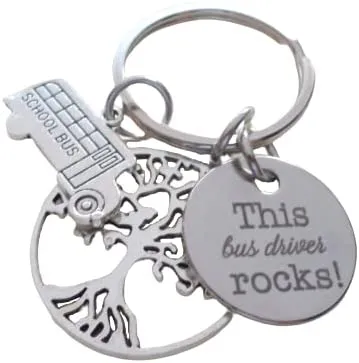 School Bus Driver Appreciation Keychain, Tree, Bus Charm & "This Bus Driver Rocks" Disc Charm Keychain