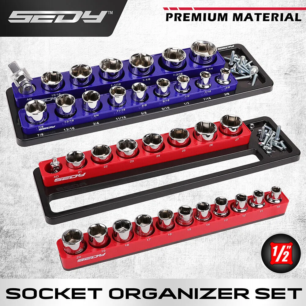 SEDY 2Pc Magnetic Socket Organizer 1/2" Drive Metric SAE Sockets Storage Holder 35 Slots