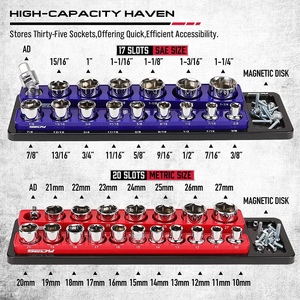 SEDY 2Pc Magnetic Socket Organizer 1/2" Drive Metric SAE Sockets Storage Holder 35 Slots