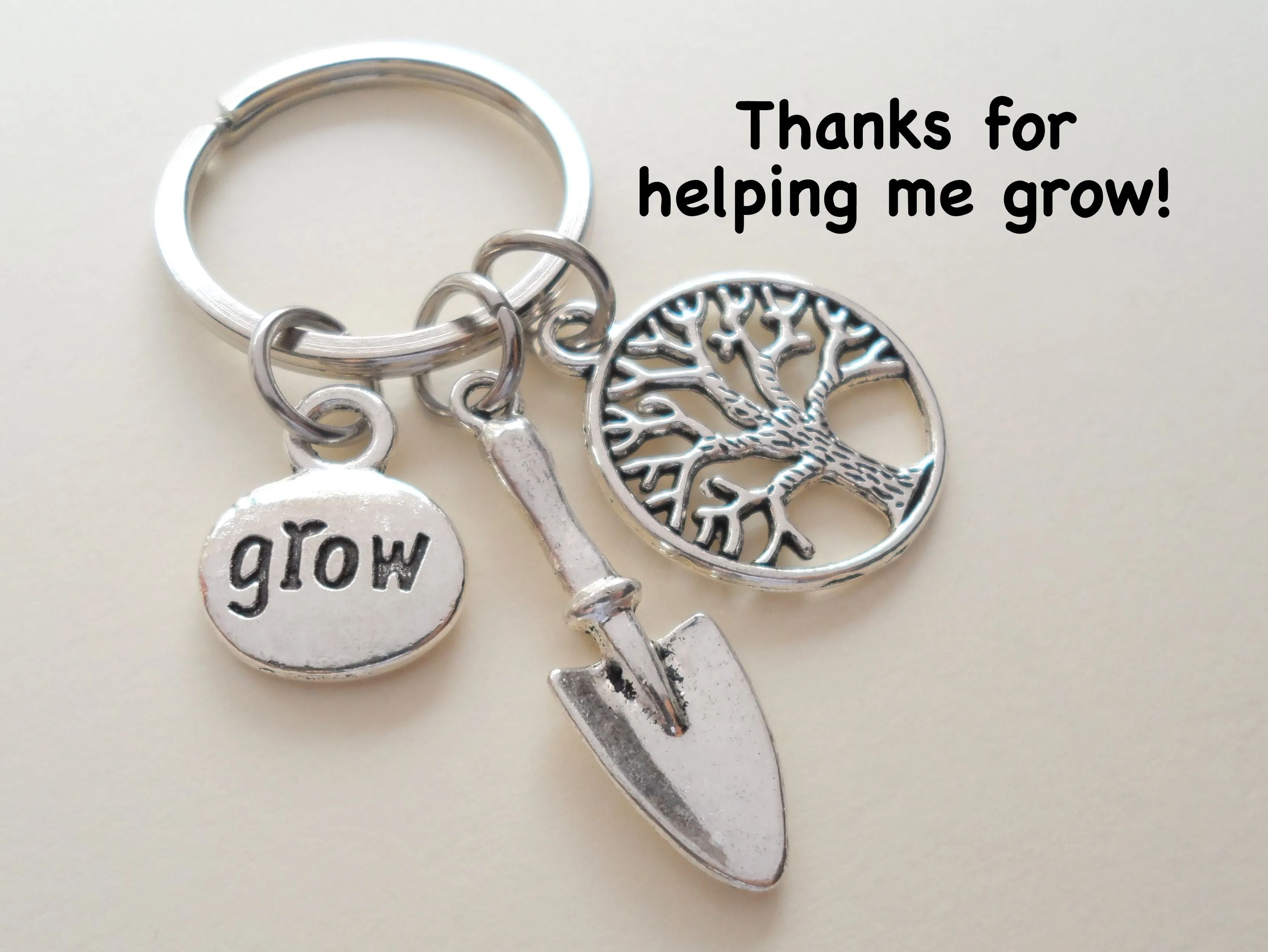 Shovel, Small Tree, & Grow Flower Charm Keychain, Gardening Keychain Gift, Teacher Keychain - Thanks for Helping Me Grow