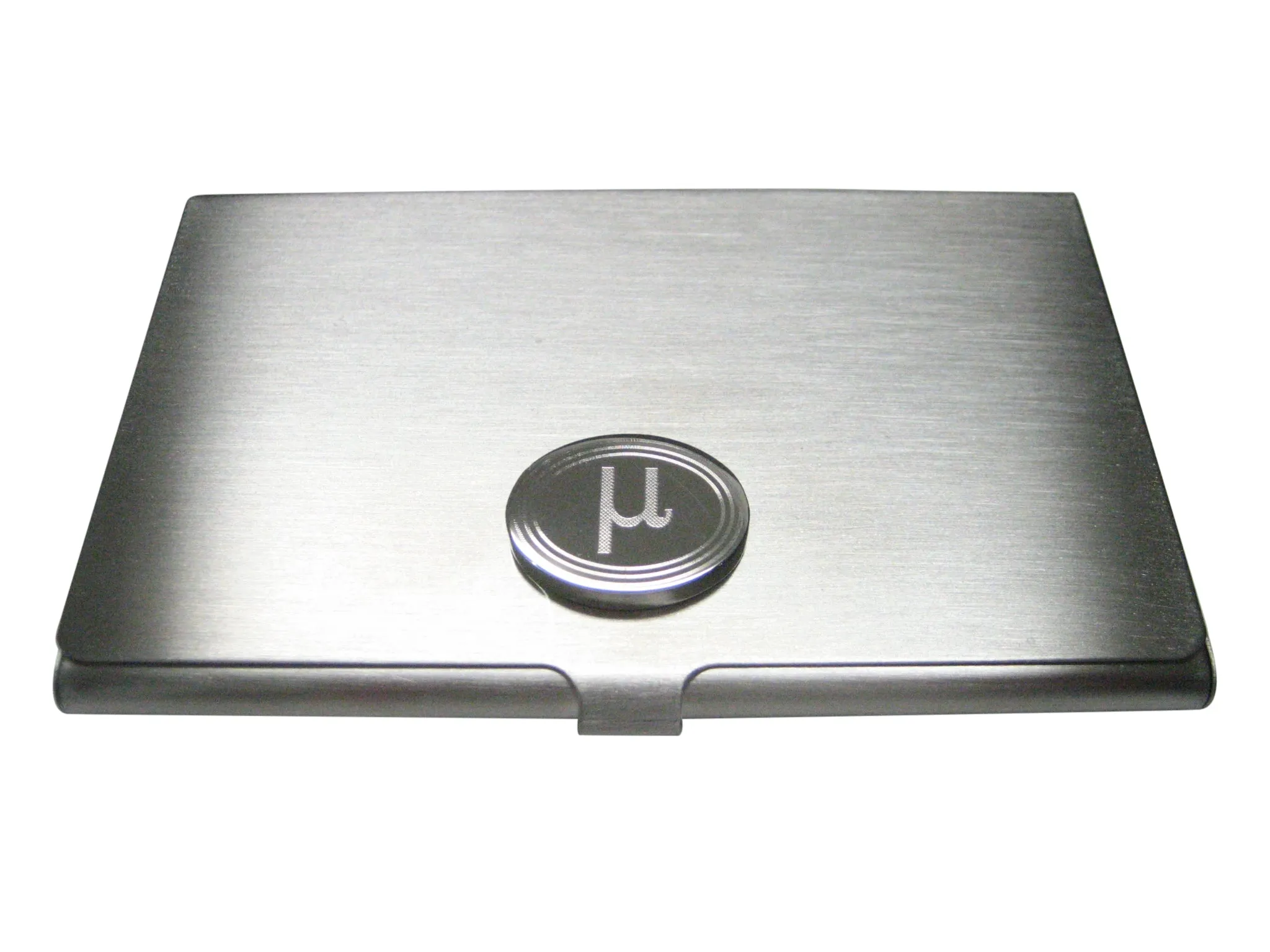 Silver Toned Etched Oval Greek Letter Mu Pendant Business Card Holder
