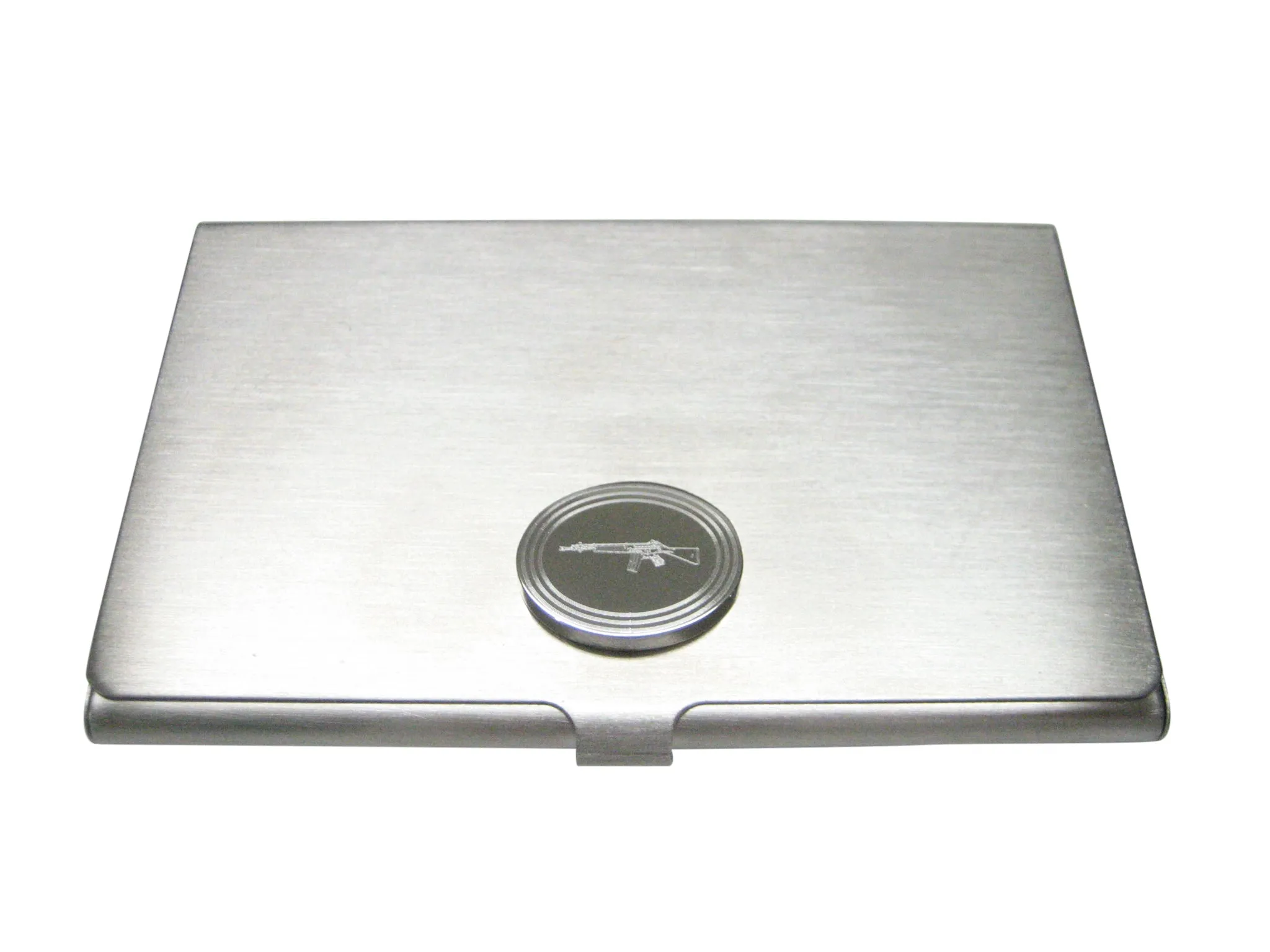 Silver Toned Etched Oval Left Facing AK47 Rifle Business Card Holder