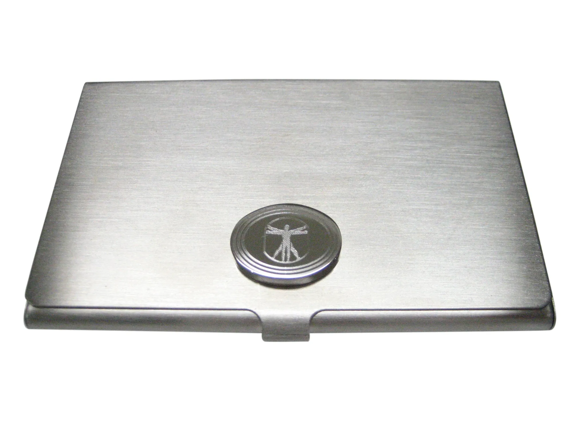Silver Toned Etched Oval Leonardo Da Vinci Vitruvian Man Business Card Holder