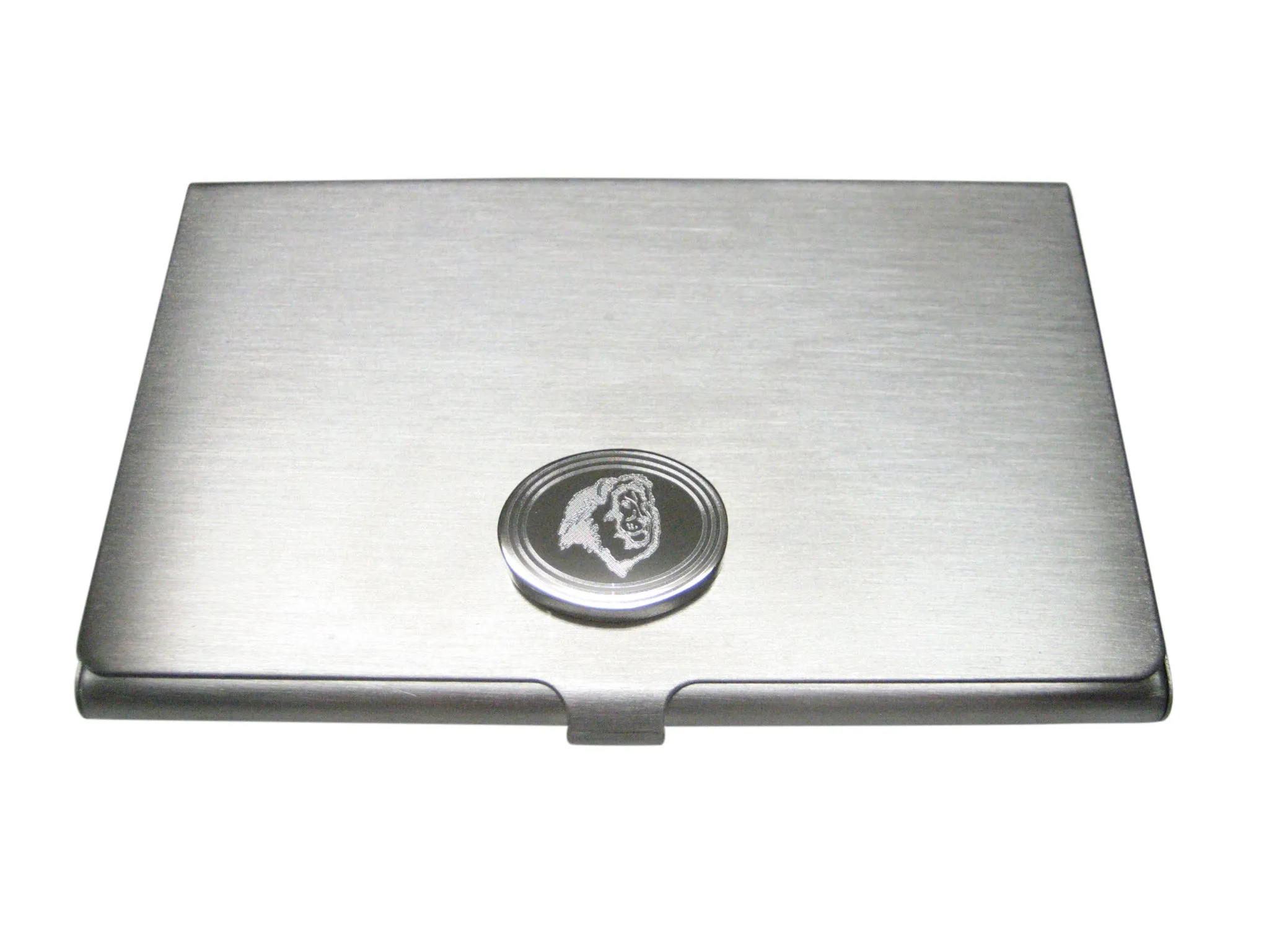 Silver Toned Etched Oval Side Facing Lion Head Business Card Holder