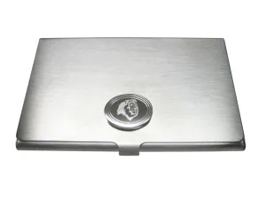 Silver Toned Etched Oval Side Facing Lion Head Business Card Holder