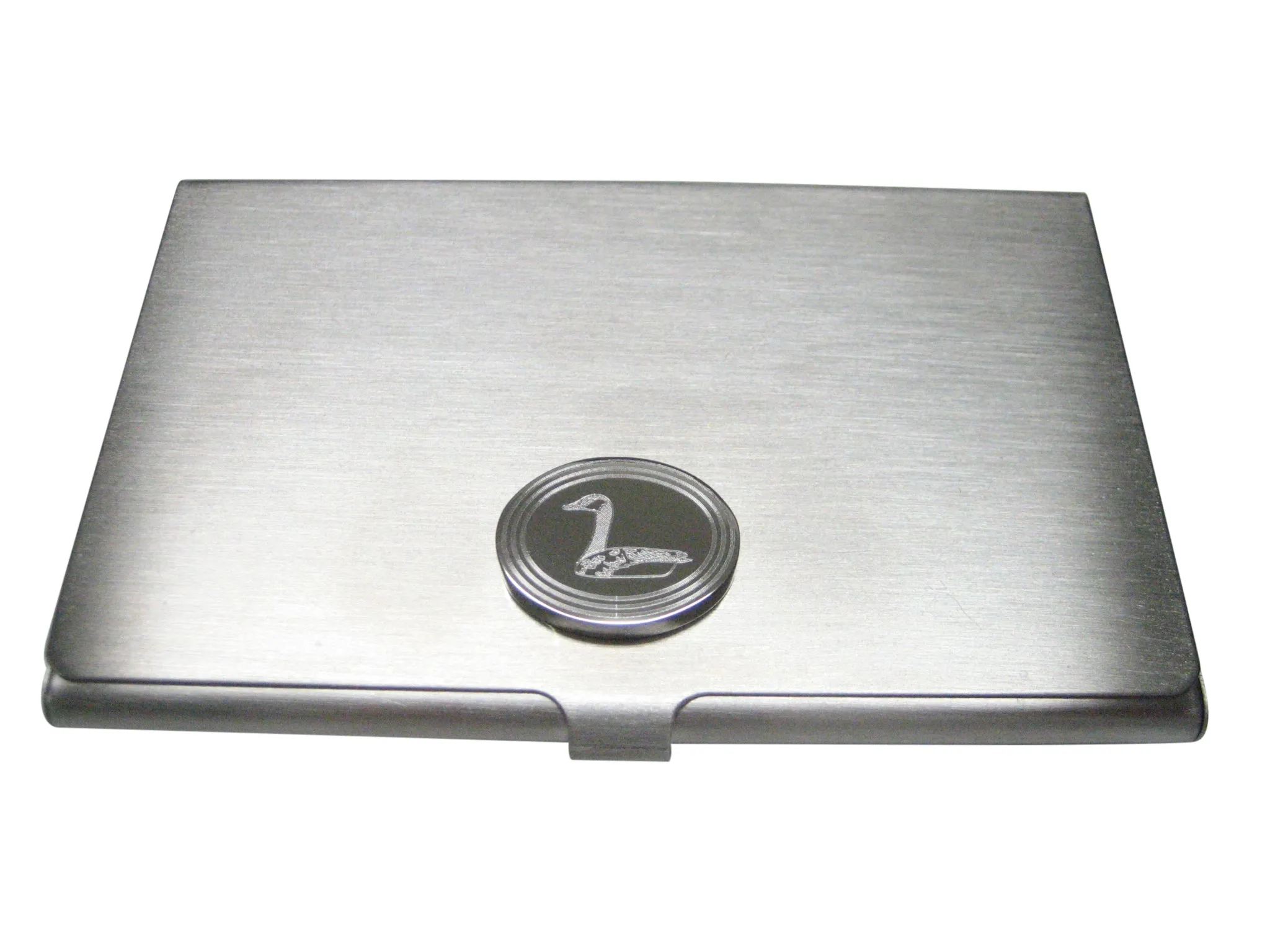 Silver Toned Etched Oval Sitting Goose Bird Business Card Holder