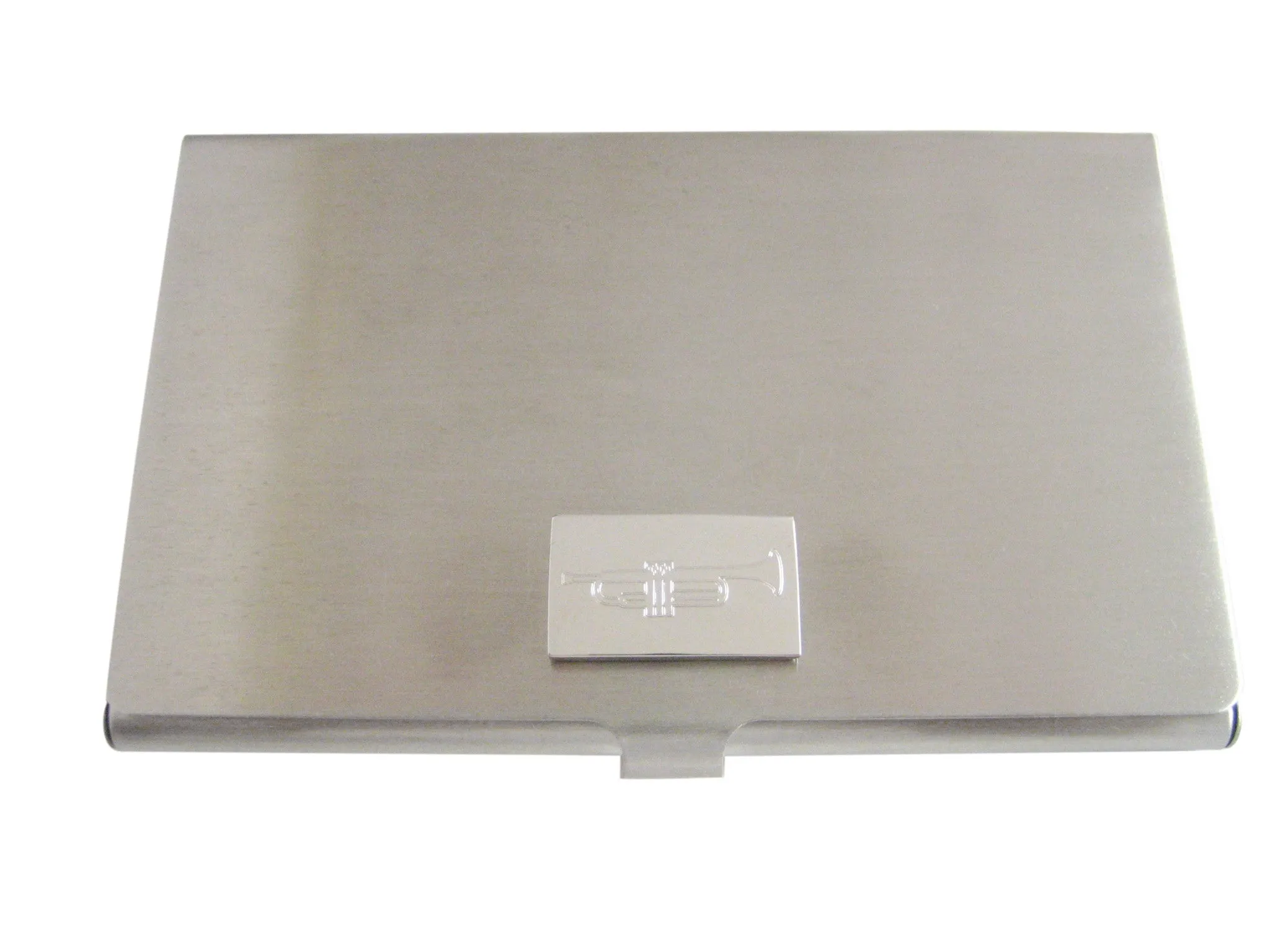 Silver Toned Etched Trumpet Music Instrument Business Card Holder