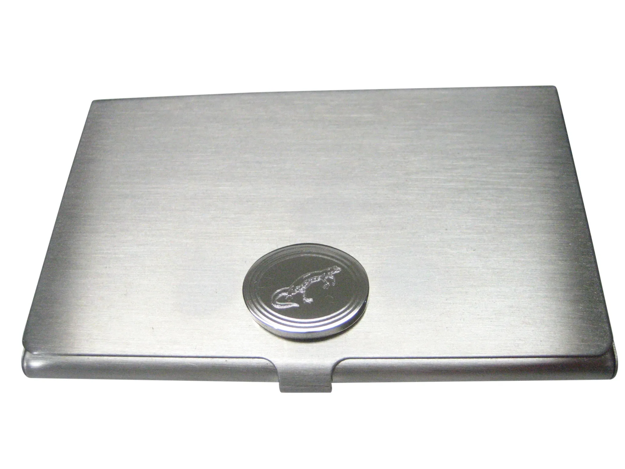 Silver Toned Oval Etched Newt Gecko Lizard Business Card Holder