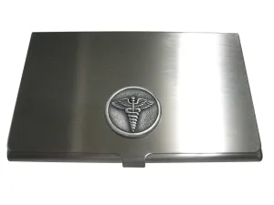 Silver Toned Round Medical Caduceus Symbol Business Card Holder
