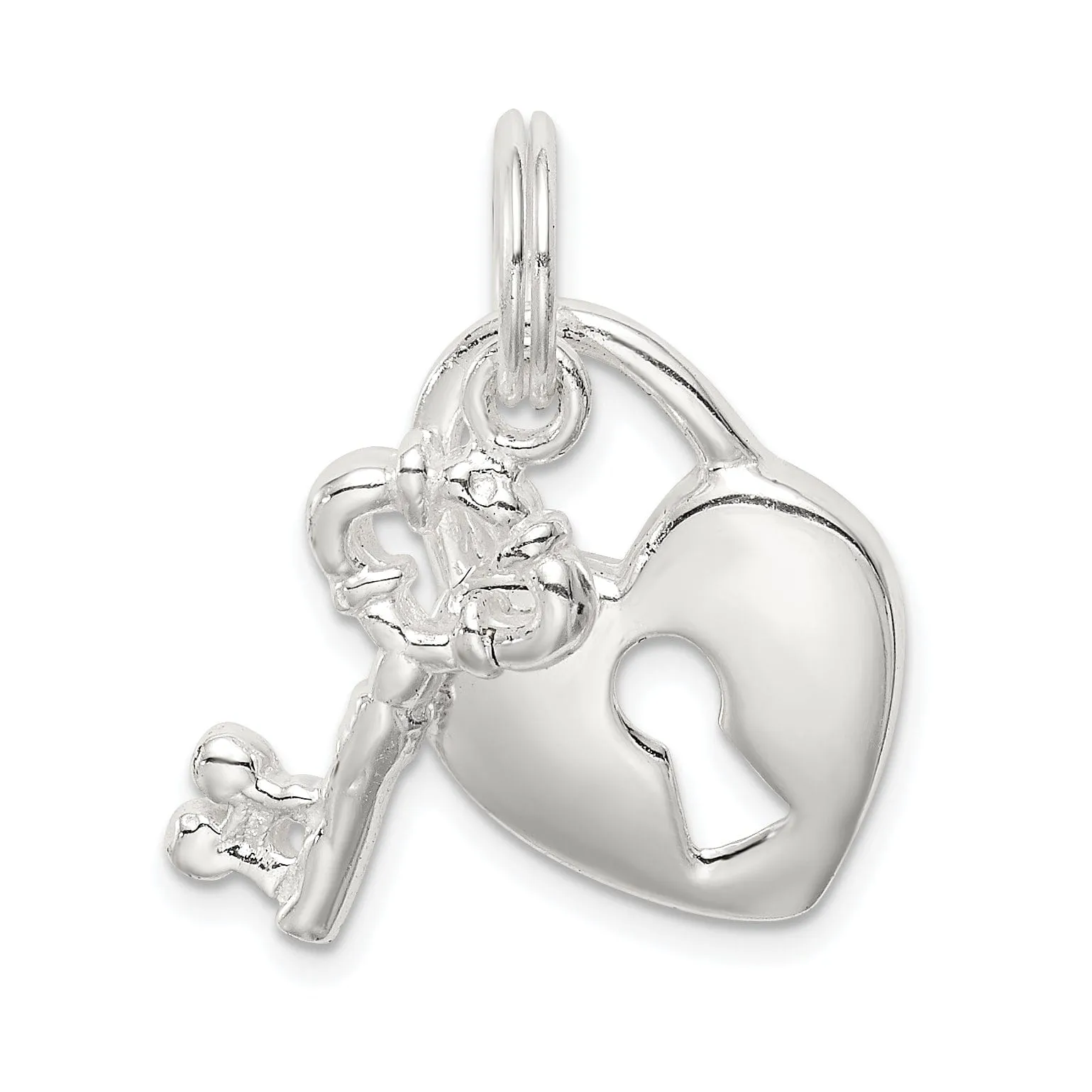Sterling Silver Polished Heart and Key Pendant