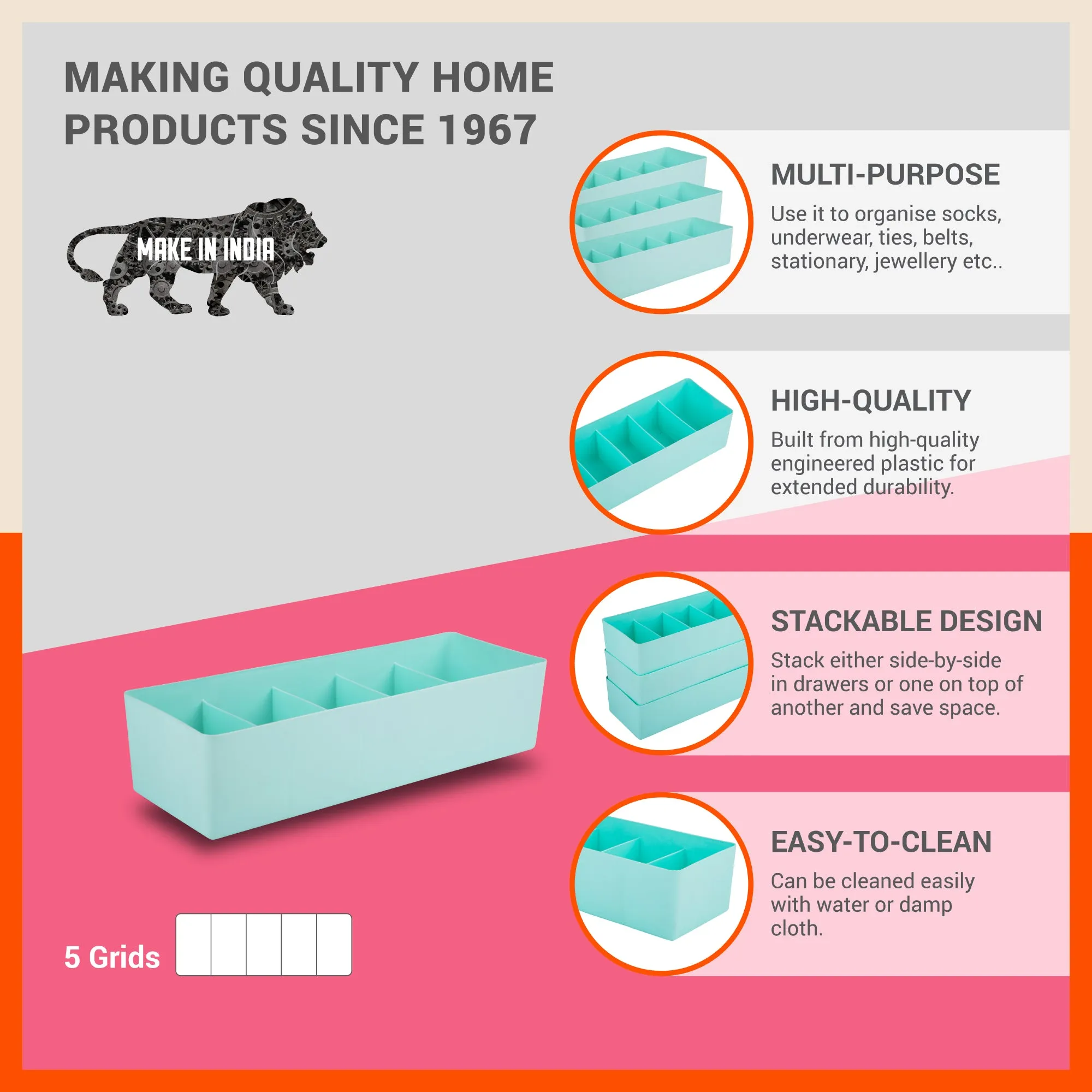 Stomo Dori Multi-Purpose Stackable Drawer Organizer For Home | Jade - Set of 2