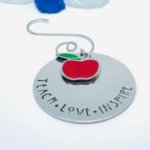 Teach Love Inspire Hand Stamped Ornament | Educator Ornament | Red Apple Charm | Holiday Ornament | Teacher Appreciation Week