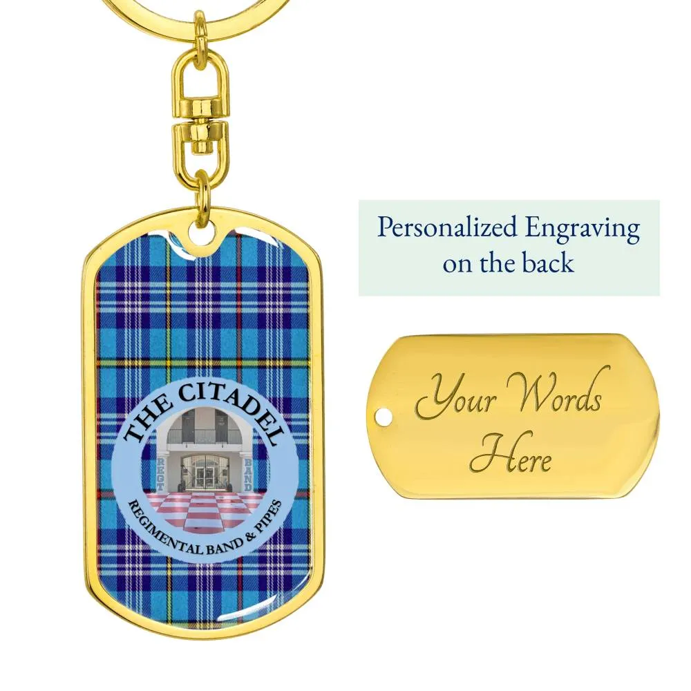 The Citadel Regimental Band and Pipes with Tartan Background Custom Engravable Keychain
