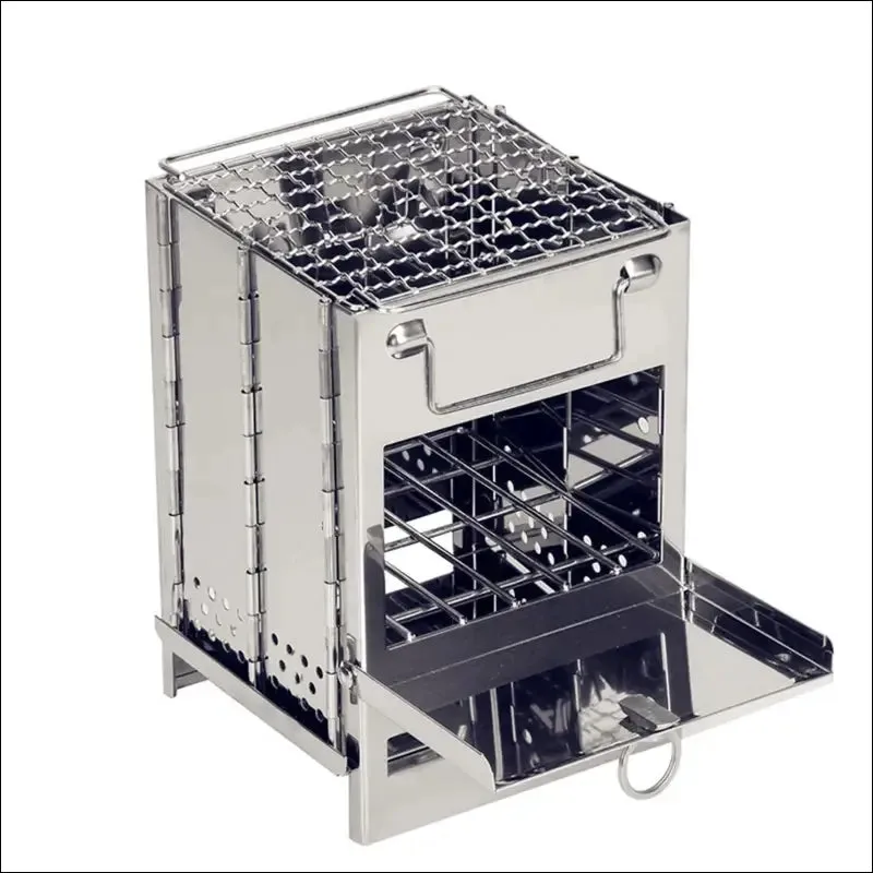 Tomshoo portable wood stove & mini grill combo - foldable stainless steel camping stove,