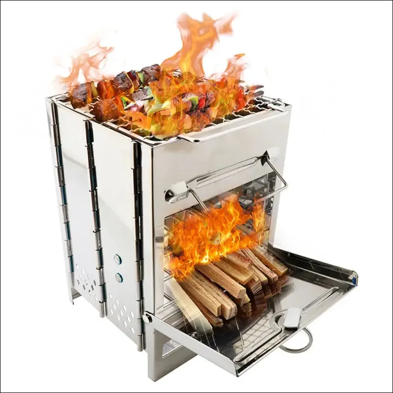 Tomshoo portable wood stove & mini grill combo - foldable stainless steel camping stove,