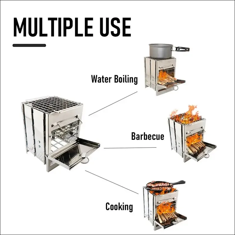 Tomshoo portable wood stove & mini grill combo - foldable stainless steel camping stove,