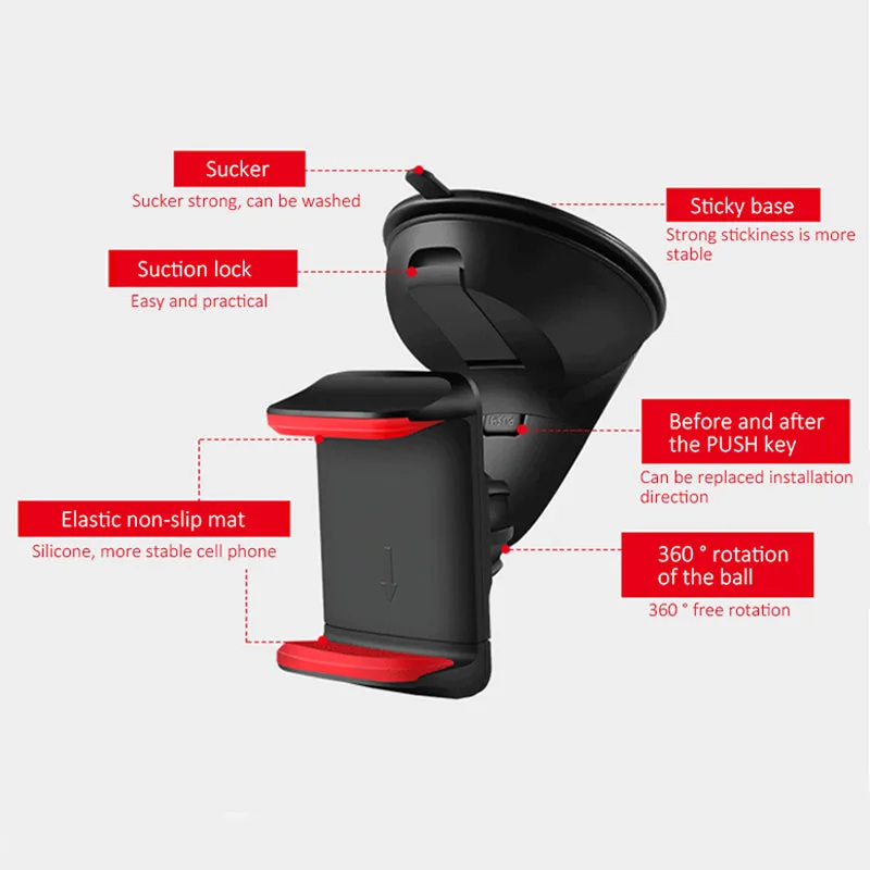 Universal Automobile Dashboard Windshield Navigation Support Car Suction Cup 360 degree Rotatable Detachable Vehicle Bracket Phone Holder for 3.5-6.0 inch Cellphone Black