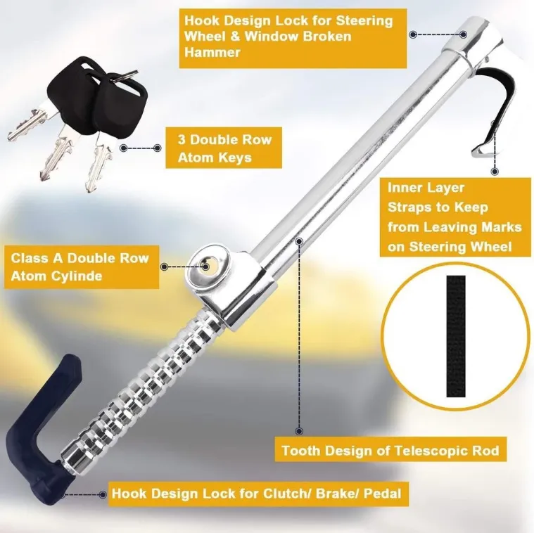 Universal Steering Wheel Lock Anti-Theft Retractable Double Hook Steering Lock Clutch Pedal