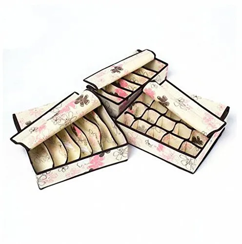 uxART Socks Ties Bra Underwear Organizer Drawer Divider with Cover 3 Set,Closet Non Woven Foldable Dustproof Storage Box - Beige Floral