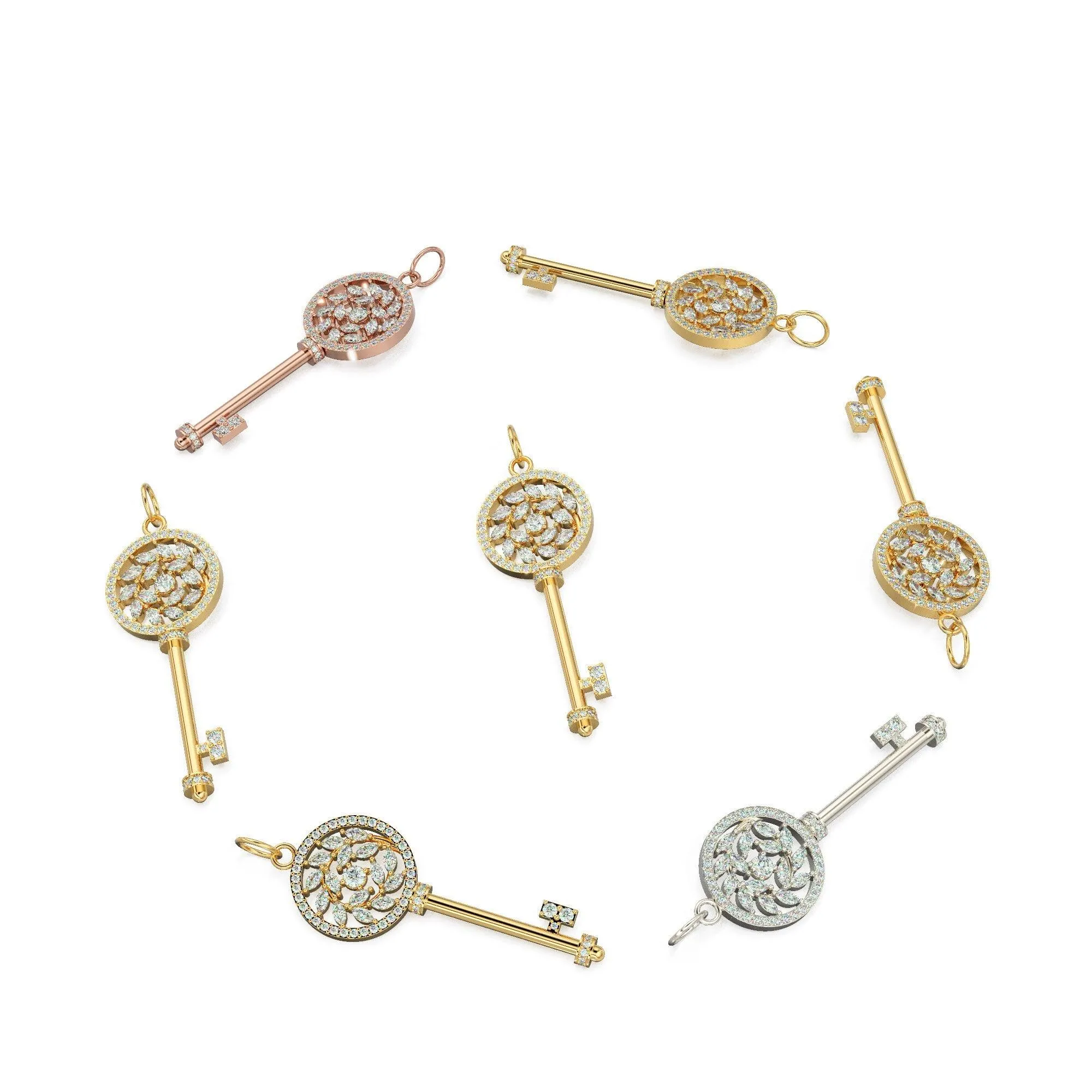 Victoria Diamond Vine Key Solid Gold 14k 18k Charm Pendant / Solid Gold Charm / Key Pendant / Diamond Charm