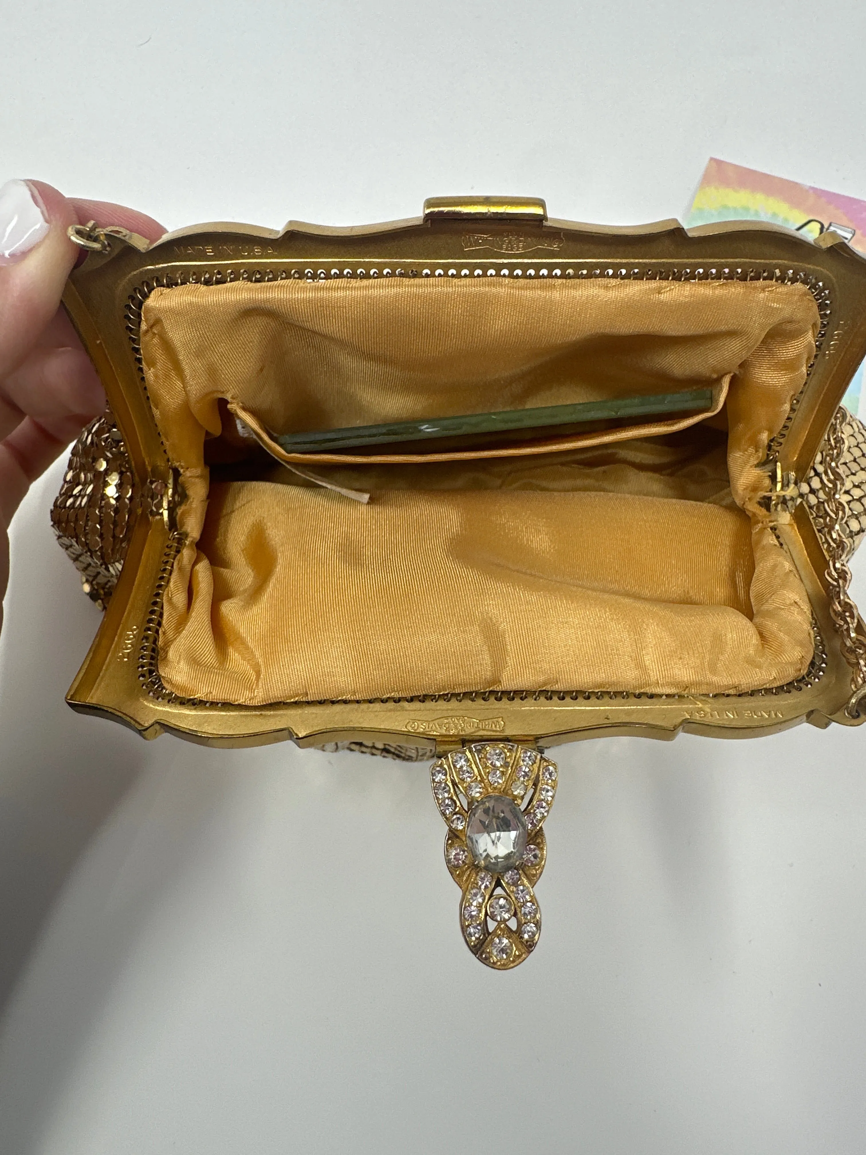 Vintage: Whiting and Davis Gold Chain Mail Clutch with Accessories