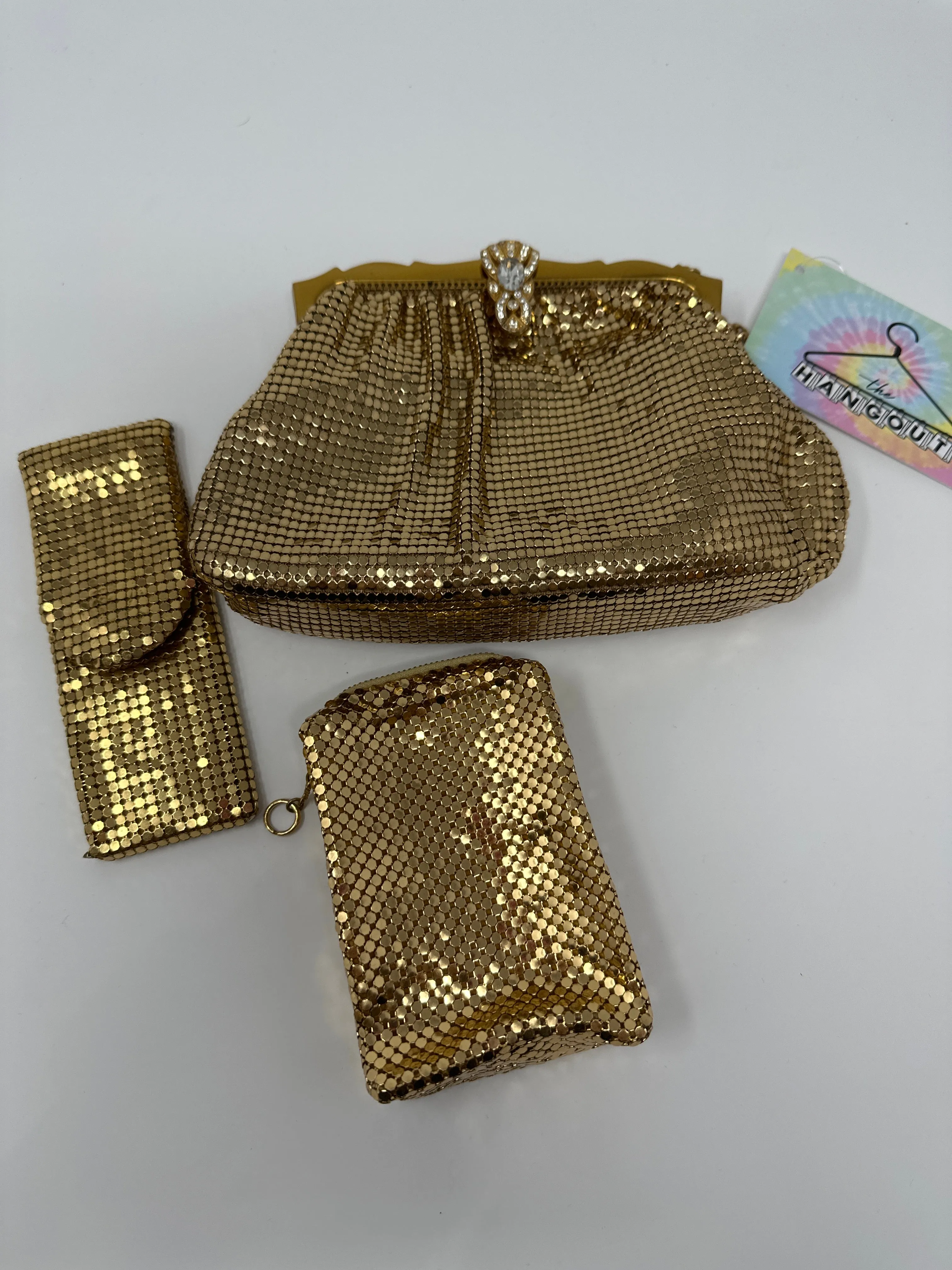 Vintage: Whiting and Davis Gold Chain Mail Clutch with Accessories
