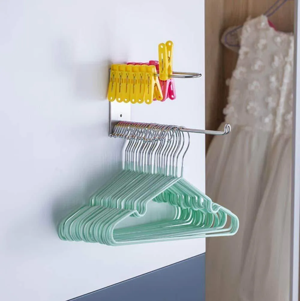 Wall Mounted Clothes Hanger Organizer Stainless Steel Hanger Storage Rack Closet Space Saving, Self Adhesive No Need Nails