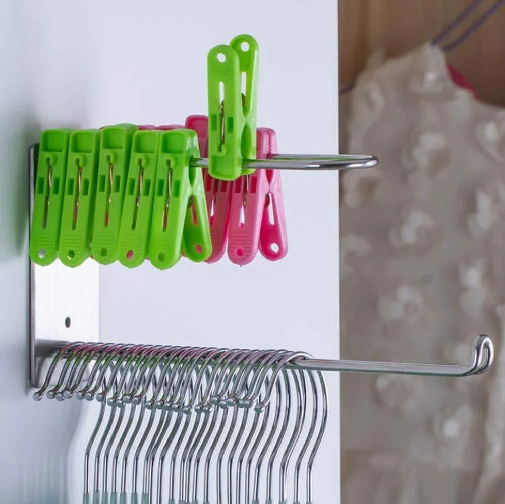 Wall Mounted Clothes Hanger Organizer Stainless Steel Hanger Storage Rack Closet Space Saving, Self Adhesive No Need Nails