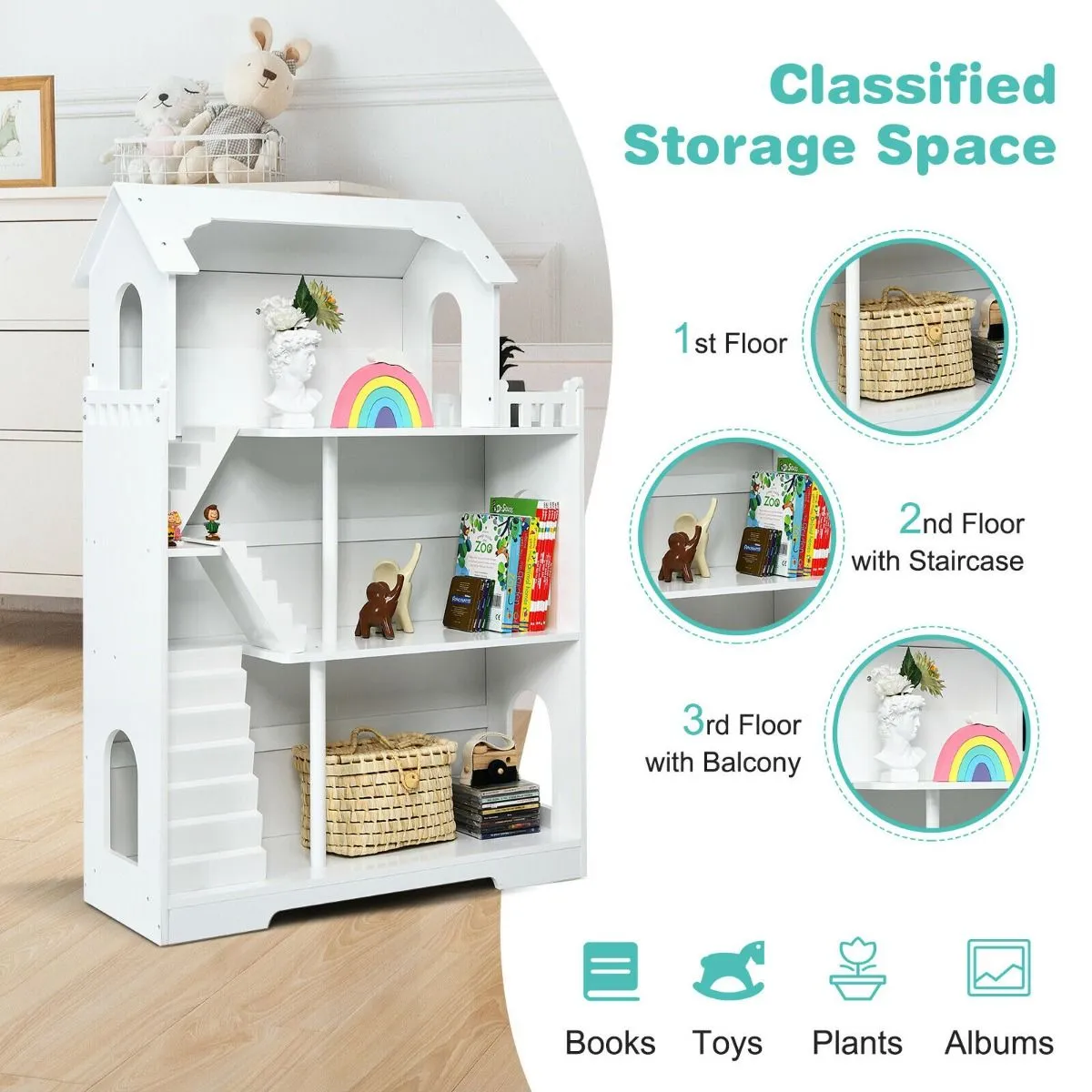 White 3 Tier Large Wooden Montessori Dollhouse Bookcase | Toy Storage