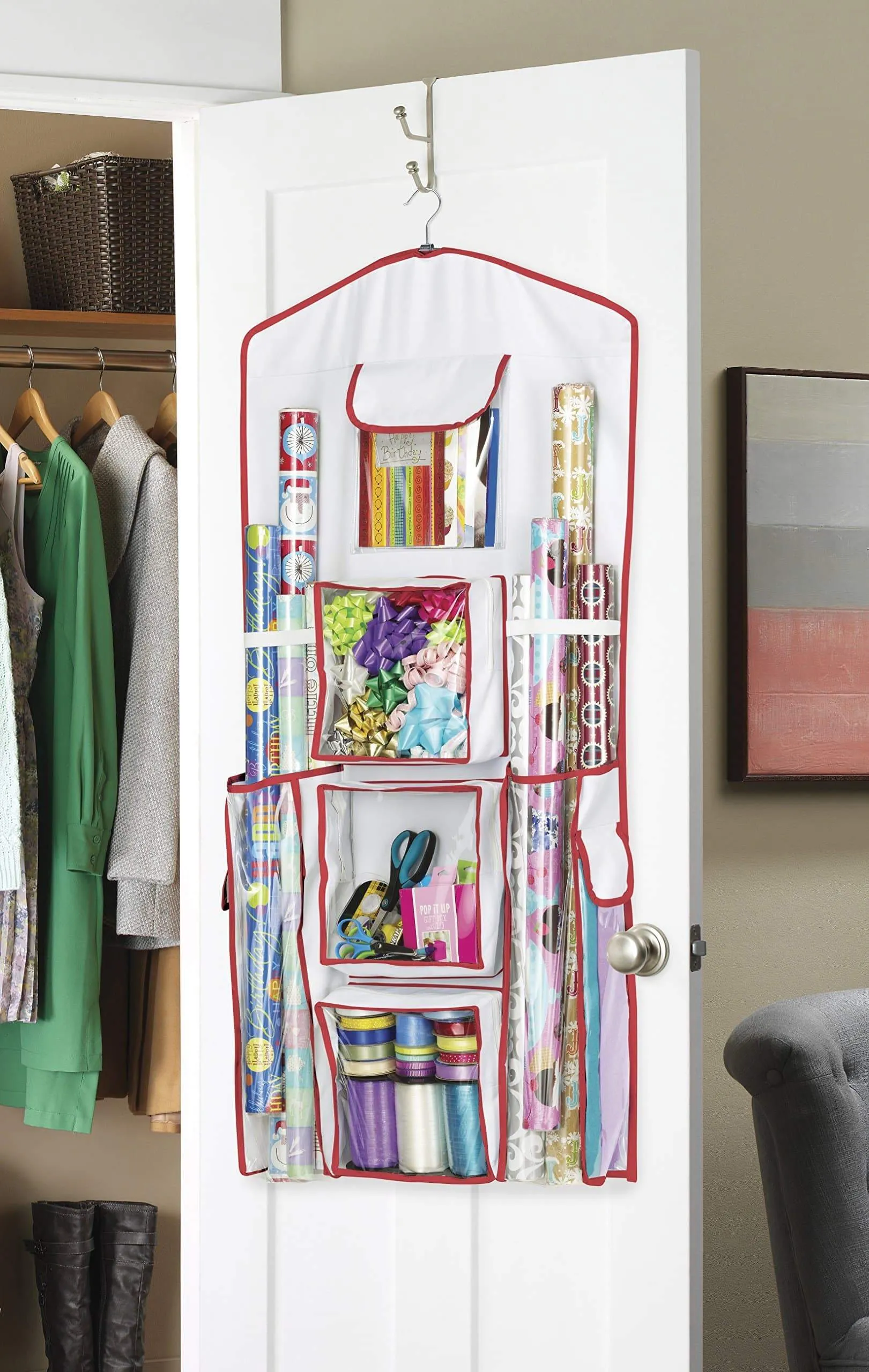 Whitmor Gift Wrap Organizer - Space Saving and Storage Solution for Wrapping Paper, Ribbons, Craft Supplies and More - Can Hold 40" Rolls of Gift Wrap - 4 Extra Pockets and Sturdy Hanging Hook