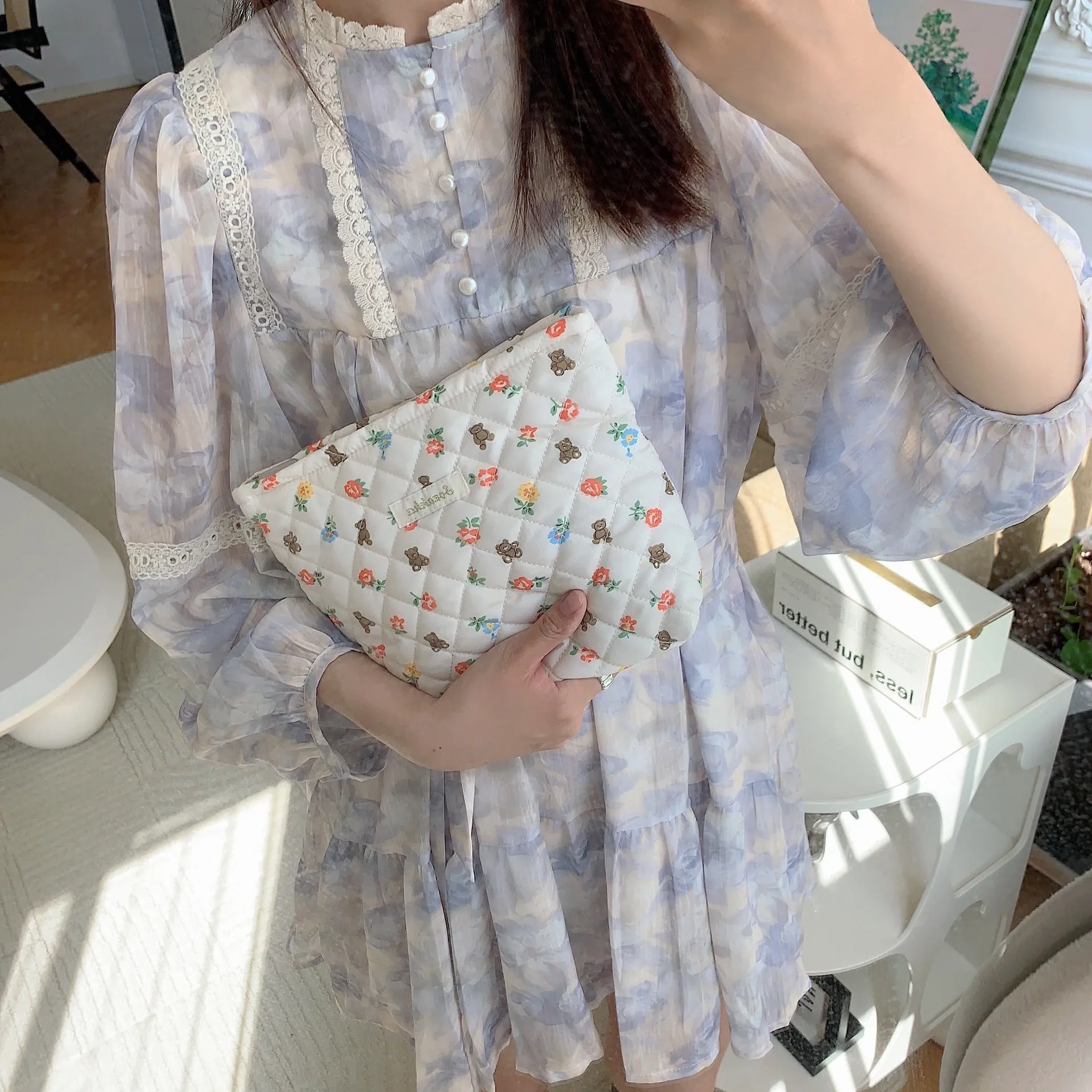 Women's Flower Bear Quilted Liner Clutch Portable Large Cosmetic Bags