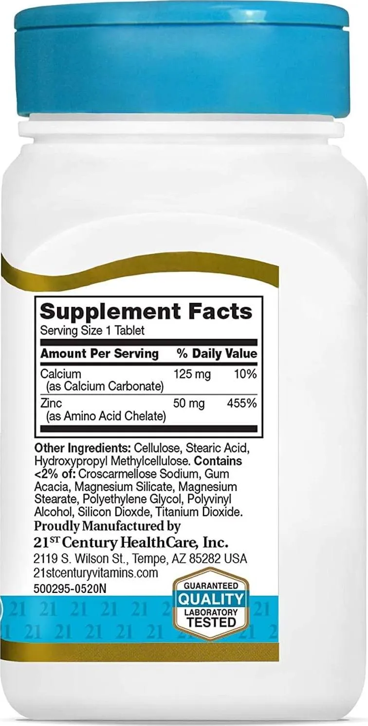 Zinc 50 Mg 21st Century Chelated Tablets 110 Count - Pack of 2 - Immune System Support Zinc Helps with Healthy Skin, Nails, and Hair Bundle Plus 3 My Outlet Mall Resealable Portable Storage Pouches
