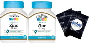 Zinc 50 Mg 21st Century Chelated Tablets 110 Count - Pack of 2 - Immune System Support Zinc Helps with Healthy Skin, Nails, and Hair Bundle Plus 3 My Outlet Mall Resealable Portable Storage Pouches