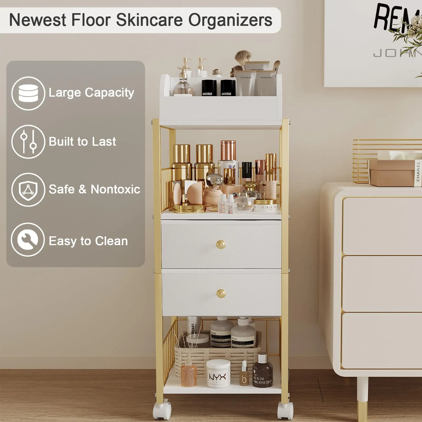ZQUYAJ Floor Makeup Organizer Cart, Large Skincare organizers, Makeup Stand with Drawers, Makeup Vanity Organizer Cosmetics Display Cases Holder for Skin Care Nail Polish Perfume Makeup Brush (Gold)