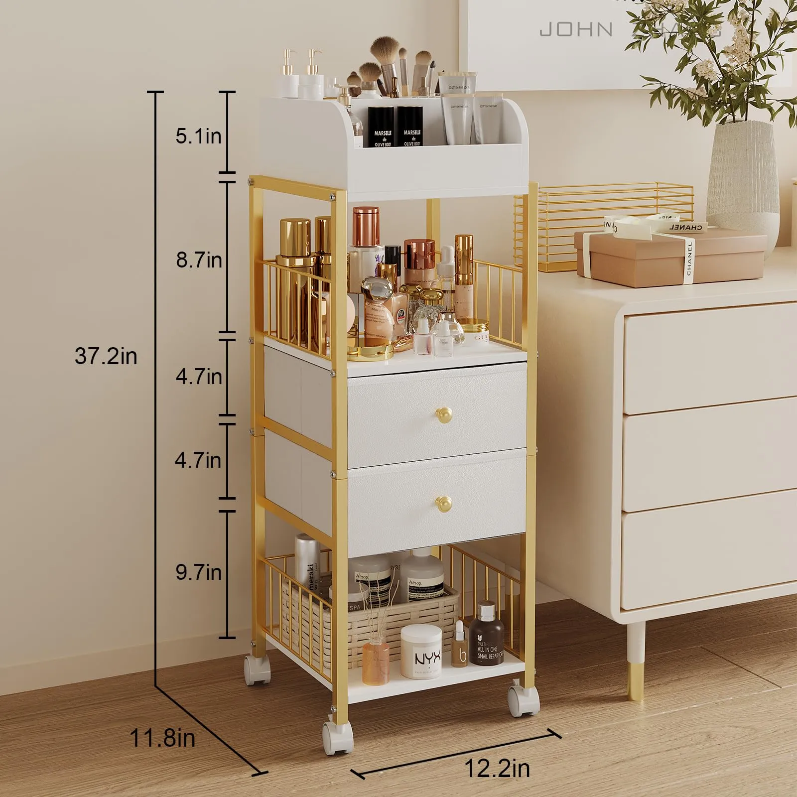 ZQUYAJ Floor Makeup Organizer Cart, Large Skincare organizers, Makeup Stand with Drawers, Makeup Vanity Organizer Cosmetics Display Cases Holder for Skin Care Nail Polish Perfume Makeup Brush (Gold)