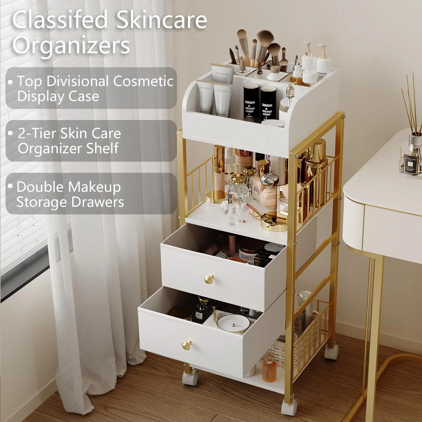 ZQUYAJ Floor Makeup Organizer Cart, Large Skincare organizers, Makeup Stand with Drawers, Makeup Vanity Organizer Cosmetics Display Cases Holder for Skin Care Nail Polish Perfume Makeup Brush (Gold)