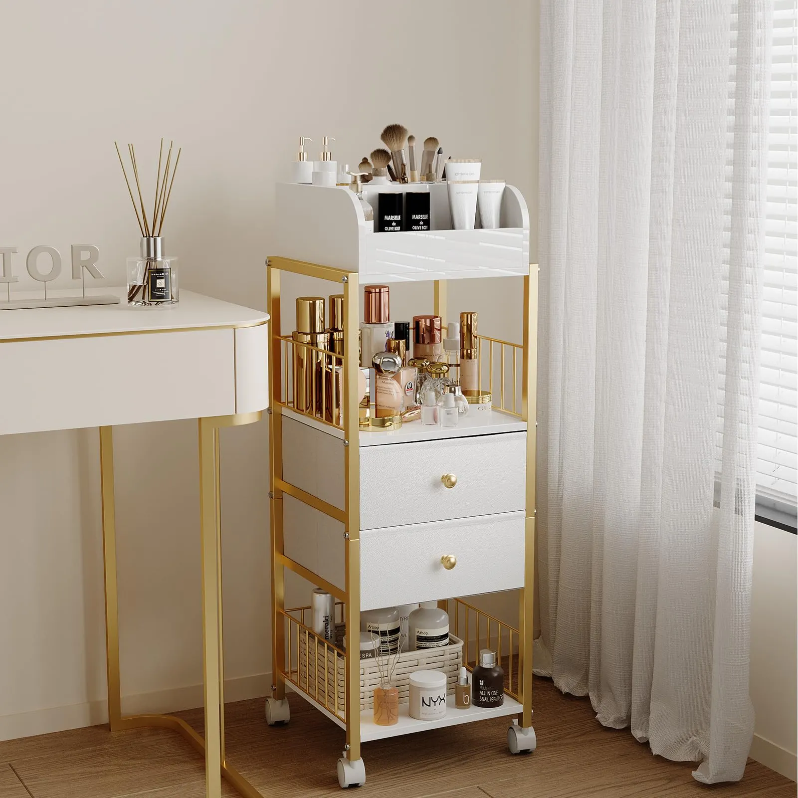 ZQUYAJ Floor Makeup Organizer Cart, Large Skincare organizers, Makeup Stand with Drawers, Makeup Vanity Organizer Cosmetics Display Cases Holder for Skin Care Nail Polish Perfume Makeup Brush (Gold)